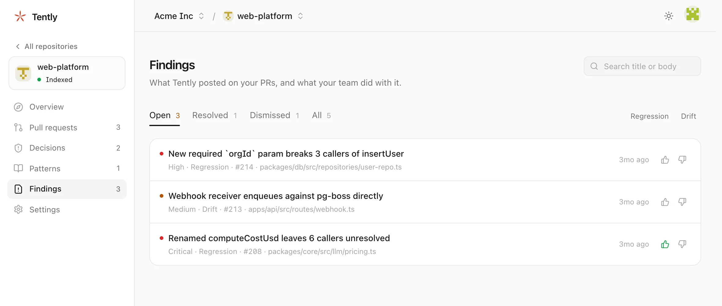 Findings with severity, category, pull request and file, each with thumbs up and down